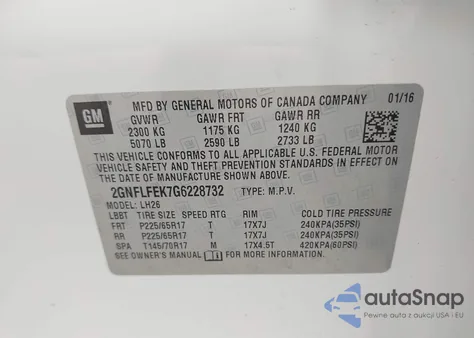 2016 Chevrolet Equinox Lt from USA, damaged, VIN 2GNFLFEK7G6228732